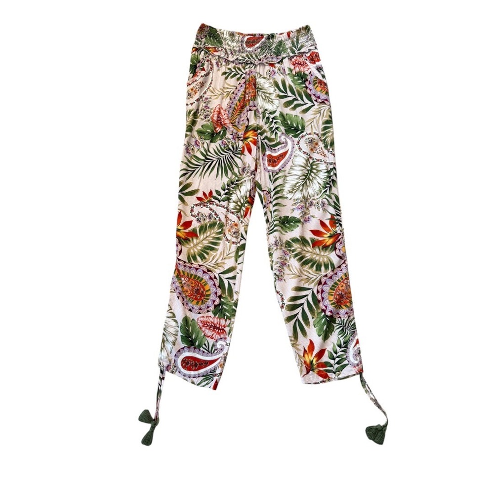 Blue Island Beach Tropical Paisley Smocked Waist Rayon‎ Pants Multi Large NWT